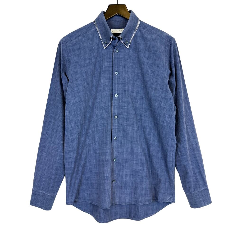 ETRO Button Down Blue Shirt w Floral Trim Italy - 40